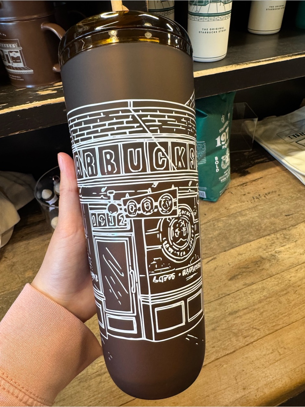 Starbucks Brown and White Illustrated Travel Cup With Straw